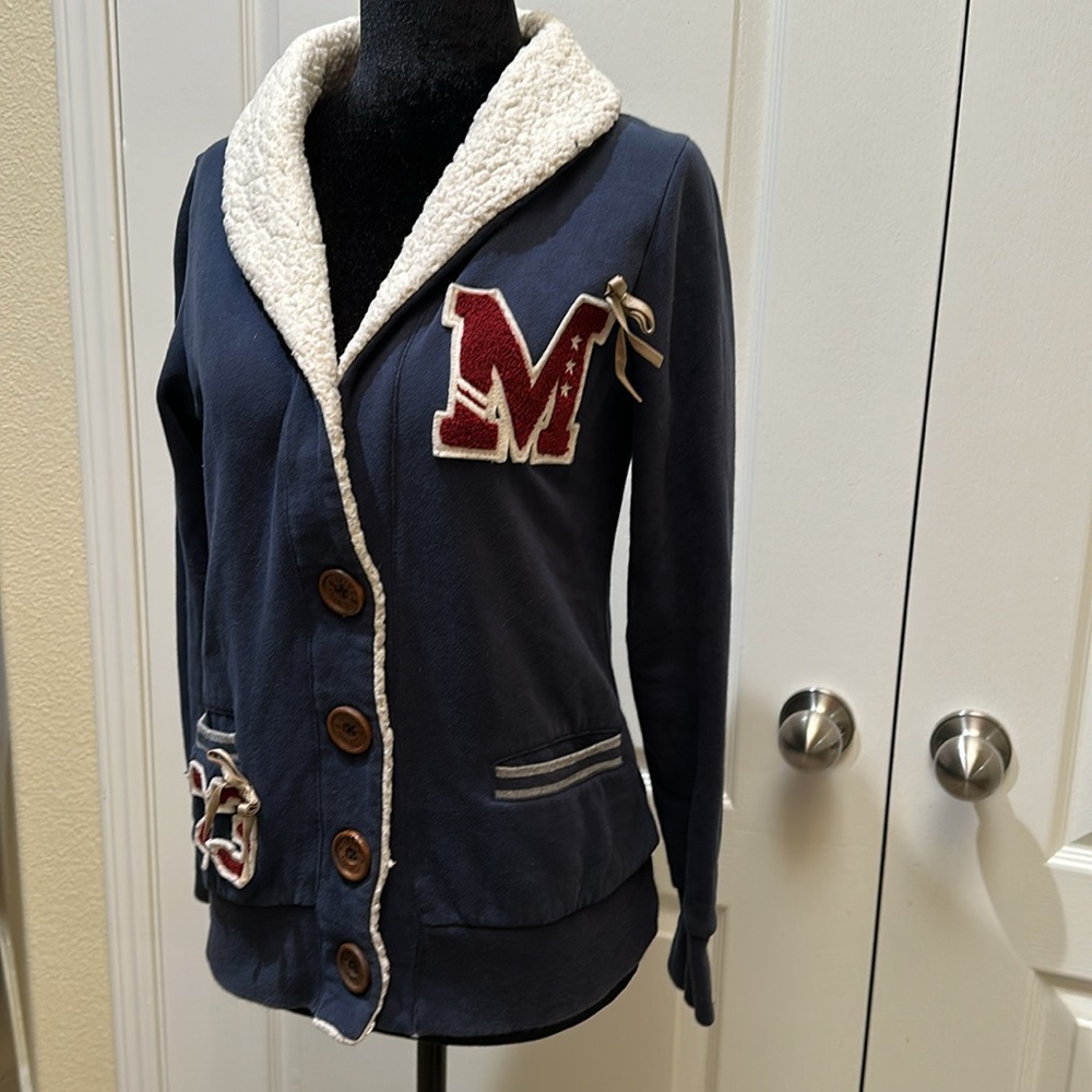 Unique varsity sweater jacket by Miss America. Teddy Sweater. Size XS